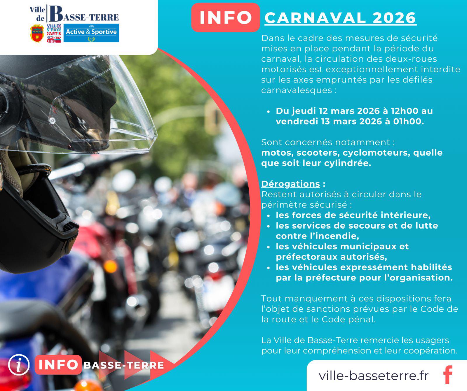 Du jeudi 12 mars 2026 à12h00 au vendredi 13 mars à 1h00, info carnaval concernant la sécurité